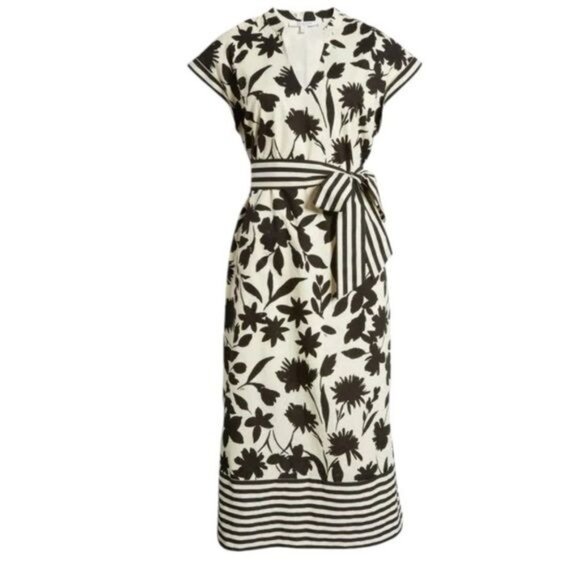 Zoe & Claire Black & Cream Floral Print Midi Dress Striped Waist Tie & Hem Sz M - Picture 2 of 13